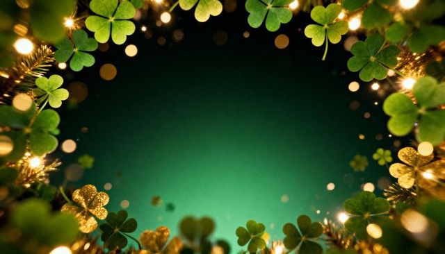 Framing shamrock wreath with golden clovers and fairy lights on emerald bokeh backdrop