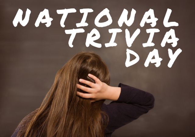 Rear view of woman scratching head with national trivia day text - Download Free Stock Photos Pikwizard.com