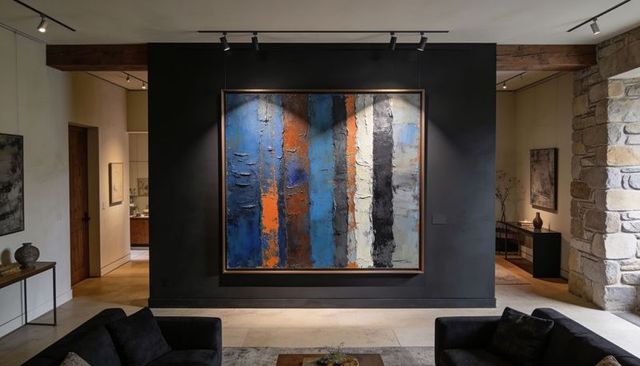 Anchoring living room with large framed abstract impasto painting on dark accent wall
