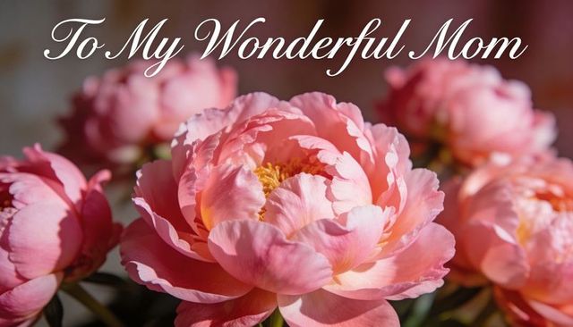 Coral Pink Peony Catching Warm Sunlight with Elegant Cursive 'To My Wonderful Mom' Greeting