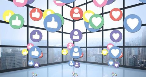 Digital Icons Floating in Modern Cityscape Background