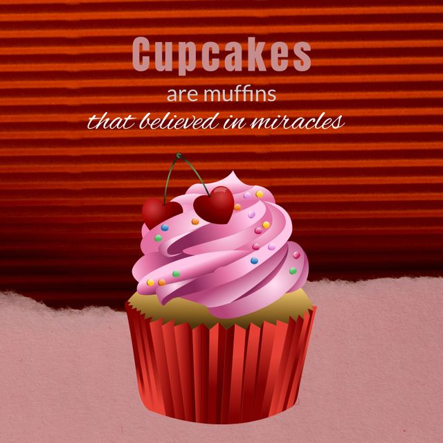 Illustration features a cupcake with pink frosting, sprinkles, and cherries accompanied by an inspirational quote. Ideal for bakery advertisements, dessert menus, posters, or greeting cards. Perfect for promoting positivity and sweet treats.