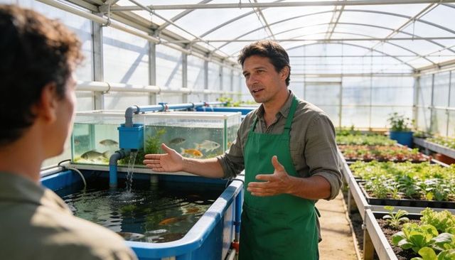 Grower explaining aquaponic system in greenhouse with fish tanks and seedlings