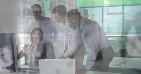 Diverse Business Team Collaborating on Project with Data Animation Overlay