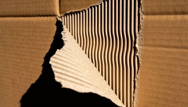 Peeling torn corrugated cardboard revealing fluted ridges and dramatic shadow macro texture
