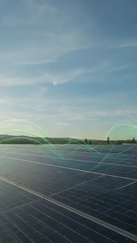 Vertical video showing solar farm generating clean energy with animated data waves