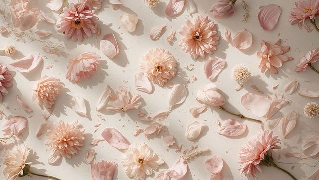 Pale pink layered blooms scattering on ivory flatlay with soft pastel light