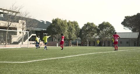Soccer Players Preparing on Sunny Field for Competitive Match