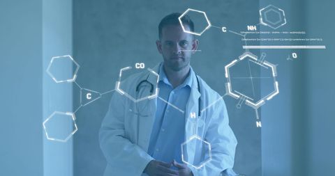 Innovative Healthcare Solutions Illustration with Doctor and Digital Chemistry Models
