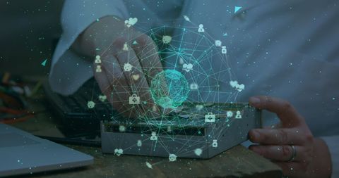 Technician enhancing computer connectivity with digital network overlay