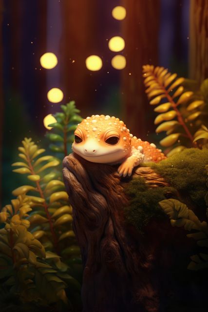 Cute gecko lizard resting on a mossy log in a magical, enchanted forest full of lush ferns and glowing lights. Perfect for use in fantasy book cover designs, children's storybooks, and nature-themed graphic projects showcasing woodland wildlife and fairy tale scenes.