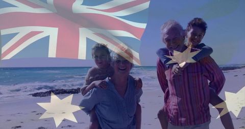 Joyful grandparents carrying grandchildren on australian beach with patriotic flag overlay
