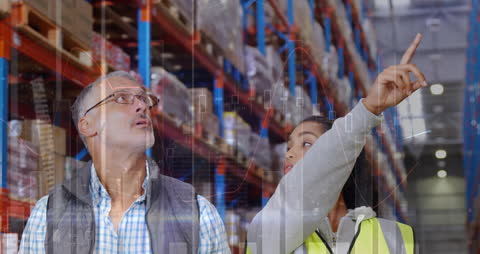 Diverse Warehouse Workers Analyzing Data Projections