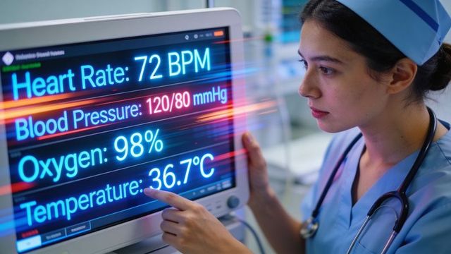 Nurse checking vital signs monitor displaying heart rate blood pressure oxygen temperature