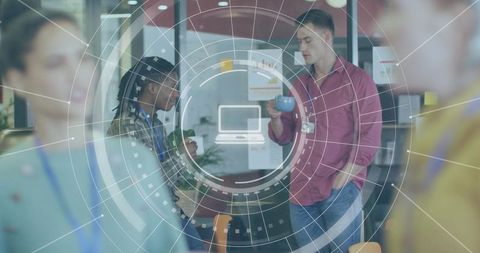 Coworkers Collaborating over Coffee in Open-Plan Office with Digital HUD Overlay