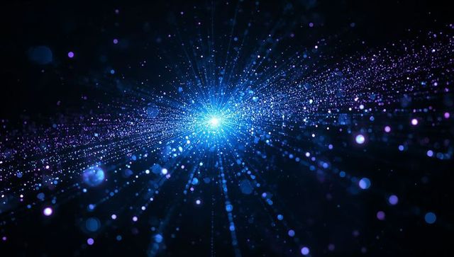 Radiating blue particle burst with neon bokeh, cosmic light trails, futuristic data flow
