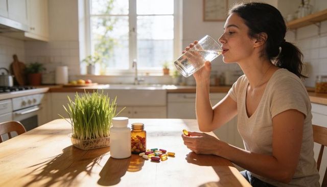 Woman taking morning supplements with glass of water in sunlit farmhouse kitchen