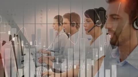Call Center Team Working with Financial Data Analysis Overlay