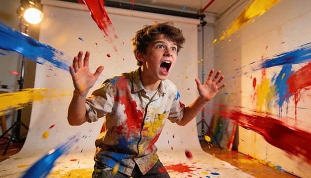 Teen boy raising hands screaming as paint splashes in vibrant studio action