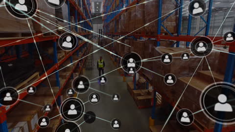 Digital Network Illustration in Busy Warehouse Setting