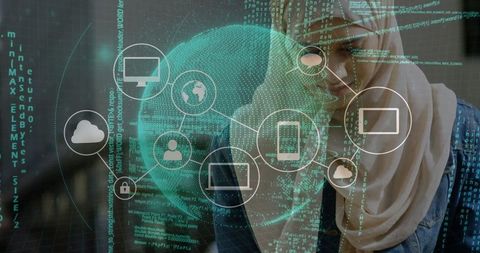 Middle eastern woman with hijab using laptop among digital icons