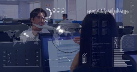 Collaborating on analytics dashboards with HUD overlays in modern office workspace