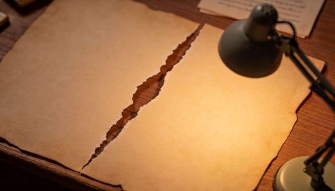 Torn yellowed parchment on wooden desk under desk lamp for vintage stationery concepts