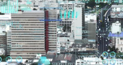 Futuristic Financial Data Overlapping Cityscape