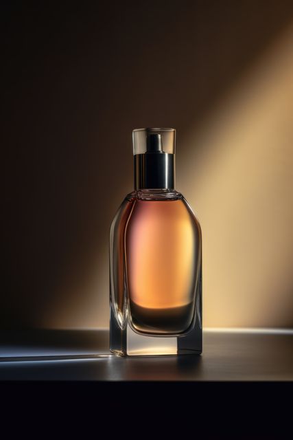 Elegant glass perfume bottle stands upright, illuminated by warm lighting, casting subtle shadows. Ideal for advertising campaigns, product packaging, beauty blogs, and online stores focused on luxury fragrance brands.