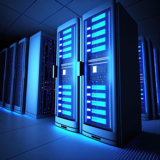 Modern data center with blue server racks illuminated by LED lights showcases high-tech server equipment and IT infrastructure. Ideal for illustrating themes related to cybersecurity, digital storage, information technology, cloud computing, and networking. Useful for websites, articles, and presentations on modern data centers, technological advancements, and IT solutions.