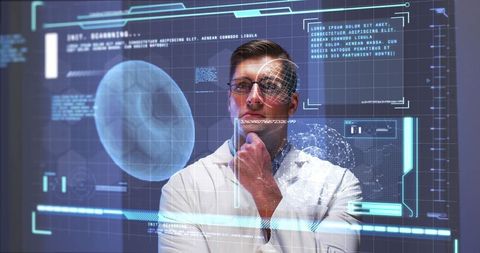 Scientist analyzing interactive medical data on smart display
