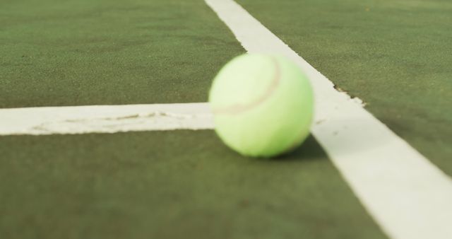Image of one green tennis ball on the green court. Healthy active lifestyle and tennis.