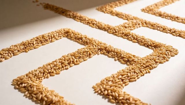 Wheat kernels forming chevron pattern on pale surface in warm directional light macro