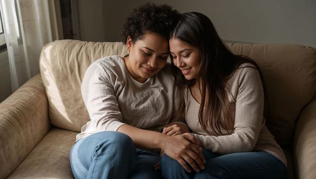 Sharing quiet moment on sofa holding hands and leaning heads, cozy sunlit couple