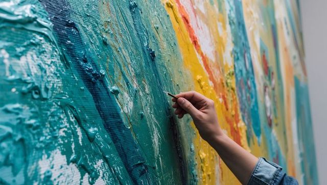 Artist applying fine details on textured vibrant canvas