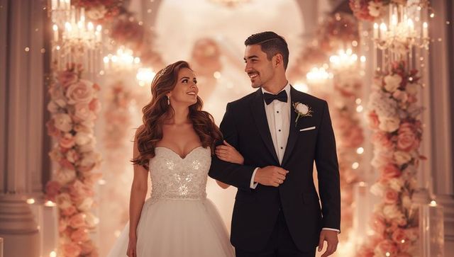 Romantic bride and groom strolling down floral aisle in glamorous setting