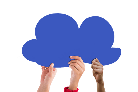 Hands holding blue cloud cutout on transparent background