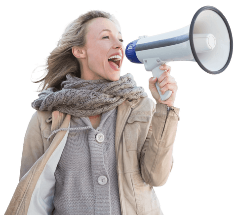 Transparent young woman shouting through megaphone, lifestyle concept