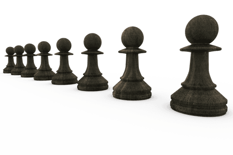 Transparent black chess pawns in straight row formation