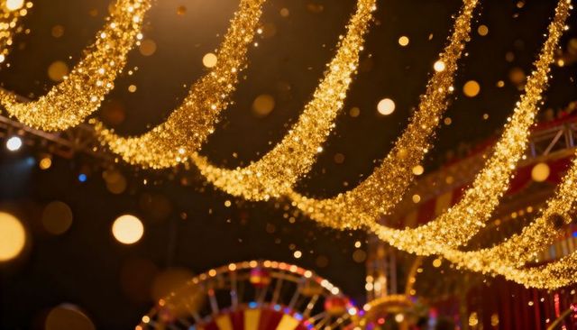 Golden garland lights sweeping over night carnival ferris wheel bokeh glow