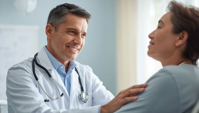 Caring doctor comforting patient with trust in modern clinic