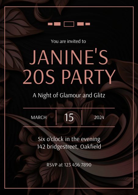 This art deco-inspired party invitation image features an elegant mix of black and gold colors with intricate floral designs. Perfect for events such as 1920s themed parties, glamorous nights, or any sophisticated gatherings requiring an air of vintage luxury. Usable for online invites, printed cards, or digital media campaigns to enhance the aesthetic of special occasions.