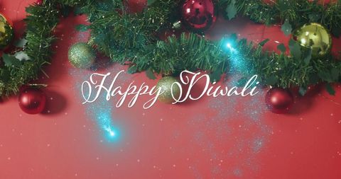 Happy Diwali Greeting with Christmas Decorations and Sparkling Lights