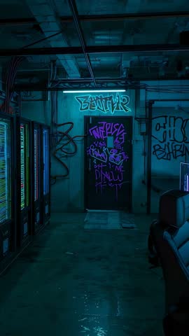 Advancing Down Cyberpunk Bunker Corridor with Neon GUTTAR Sign and LED Server Racks