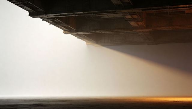 Overhanging industrial structure casting warm diagonal light across dust-filled hangar