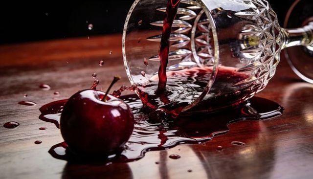 Crystal Goblet Pouring Ruby Red Wine Spill over Wooden Table with Cherry Reflection