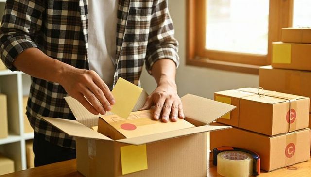 Packing e-commerce orders with sticky notes and cardboard boxes in small business workspace