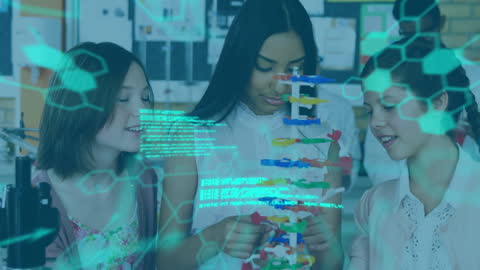 Diverse Students Engaging in Science Experiment with Digital Overlay