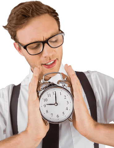 Geeky Businessman Holding Transparent Alarm Clock with Focus