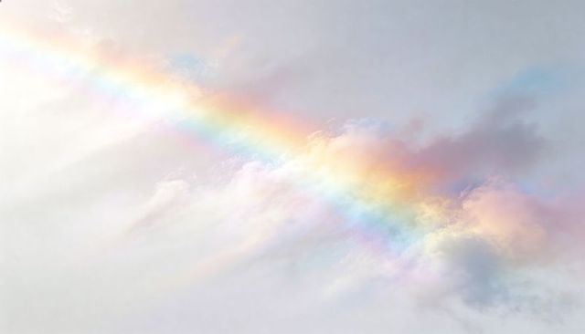 Rainbow Arching Across Pastel Sky with Soft Iridescent Clouds